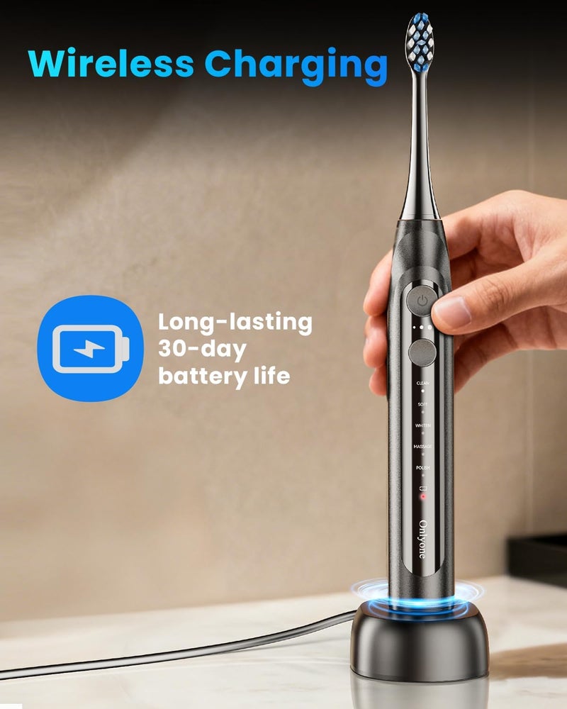 Onlyone Sonic Electric Toothbrush for Adults, Rechargeable Ultrasonic Electric Toothbrush with 8 Brush Heads, Travel Case, Charging Base & Wireless Charging - 5 Modes with Smart Timer - Image 4